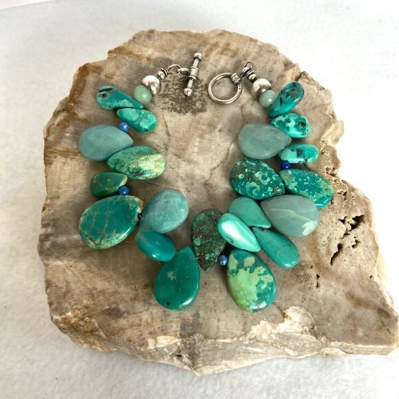 Sterling Silver 925 Teardrop Turquoise Aventurine & Sodalite Beaded Bracelet  7" - Picture 7 of 16